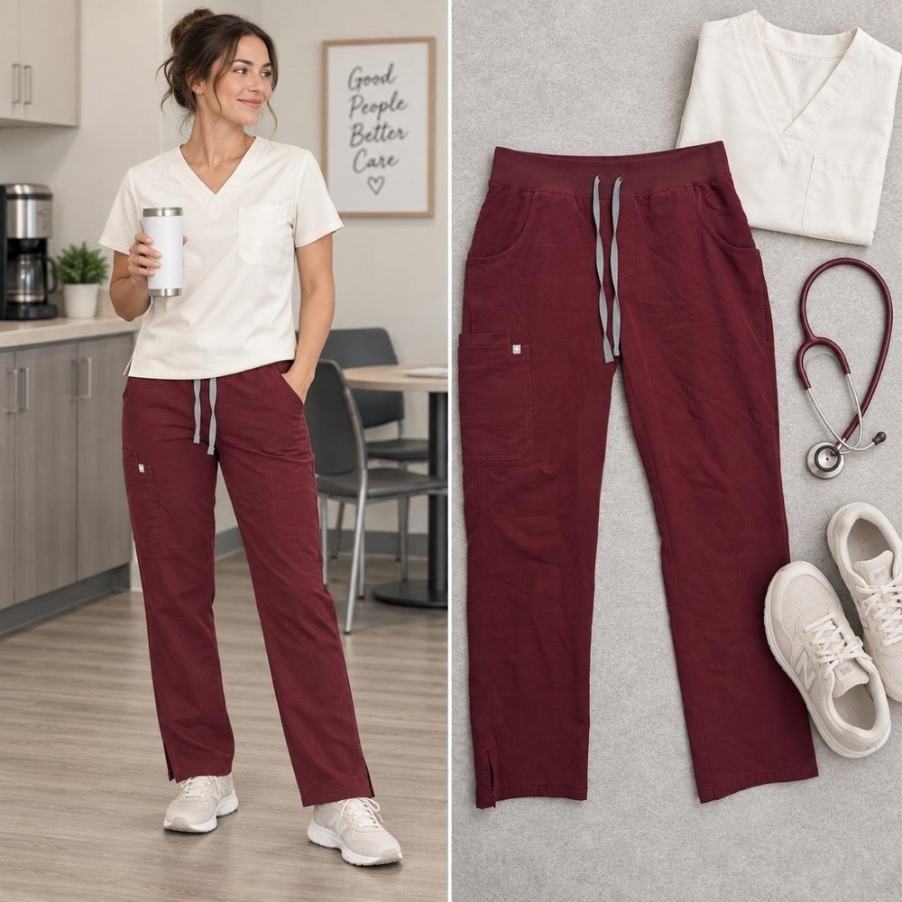 FIGS Kade Cargo Scrub Pants Women's M Burgundy Straight Leg Dental Nurse Stretch